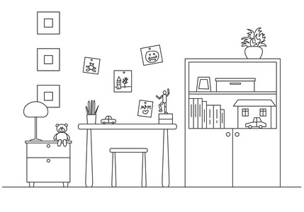 在房间的角落里有一张床, 旁边有一个壁橱, 桌子, 椅子.