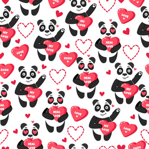 可爱的矢量背景熊猫, 甜蜜的心和爱。情人节快乐节日与动物无缝模式