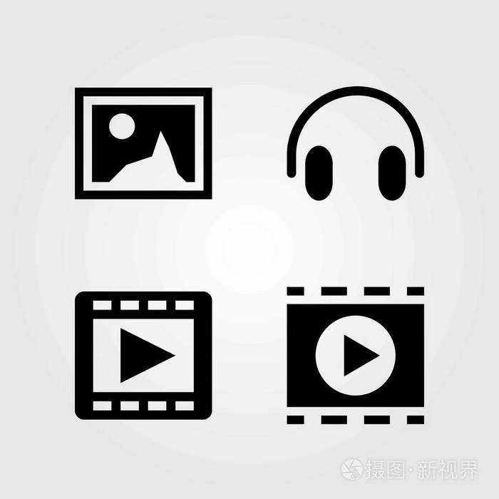 多媒体矢量图标设置.图片,电影播放器和耳机