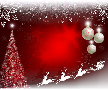 圣诞节红色设计与圣诞树, 球, 雪花和圣诞老人在驯鹿