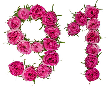 阿拉伯数字 91, 九十一, 从红色的玫瑰花, 隔离照片