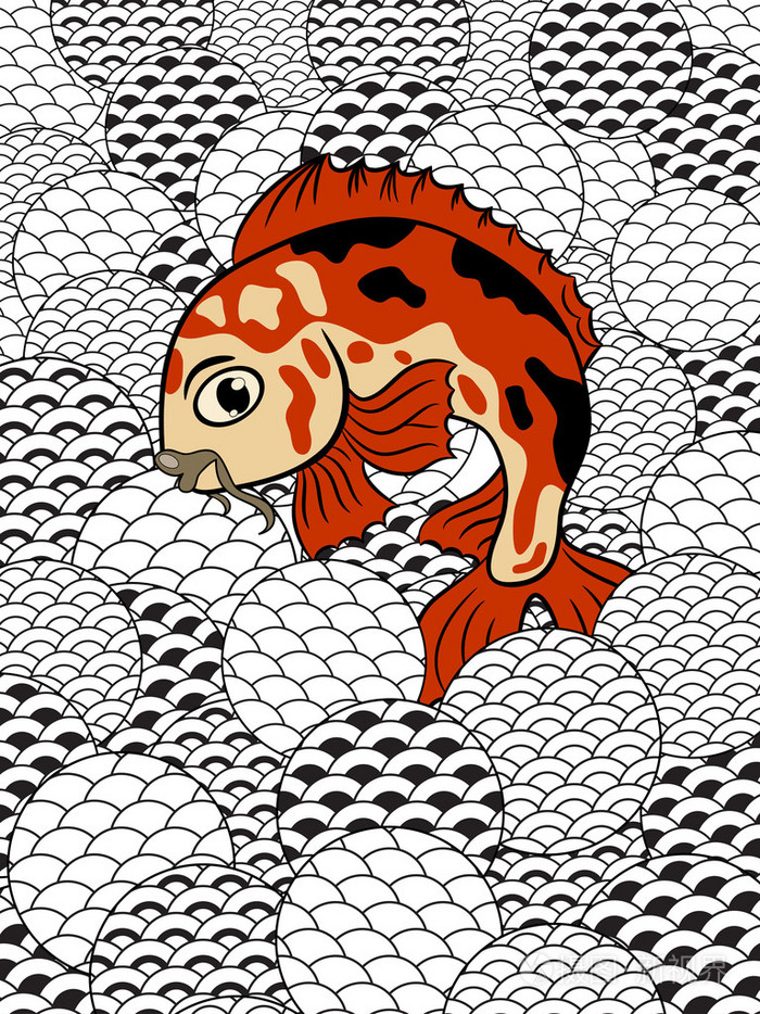 日式锦鲤 (鲤鱼) 在程式化的波浪