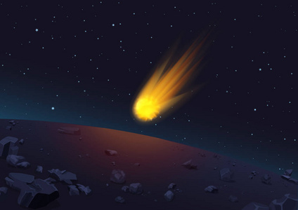 在太空中坠落到行星的发光彗星的矢量插图