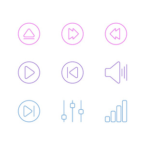 9旋律图标线条样式的插图。可编辑的均衡器向后下一组和其他元素