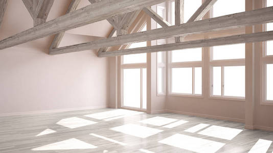 在奢华的生态住宅, 实木复合地板和木屋架, 全景大窗户, 现代白色建筑室内设计空房间
