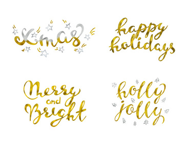 设置假日金色闪闪发光的优雅现代画笔刻字设计在一个怀特岛背景矢量插图