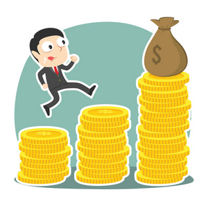 商人攀登硬币楼梯得到麻袋的钱照片