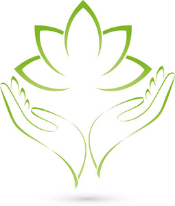 两只手和叶子, 自然和健康标志