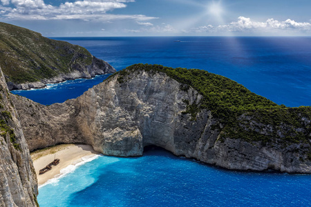 Navagio 海难 海滩在扎金索斯岛, 希腊