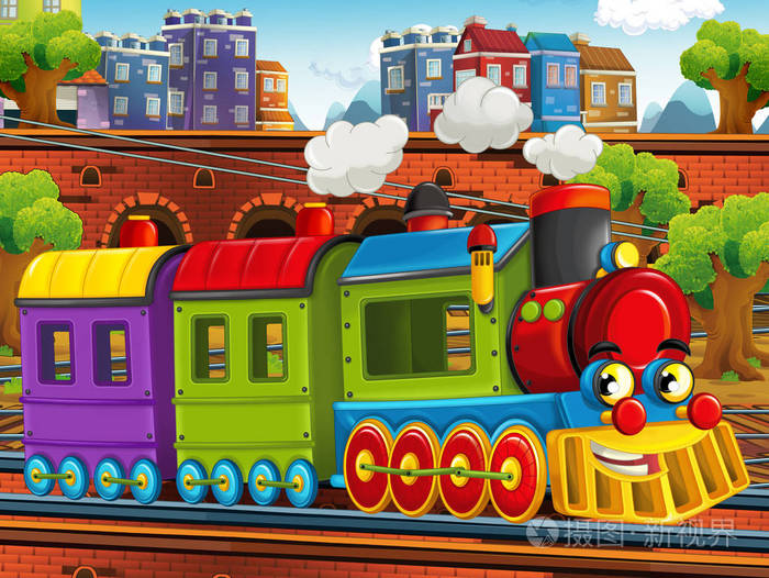 卡通滑稽的寻找蒸汽火车在火车站附近的城市-儿童插画
