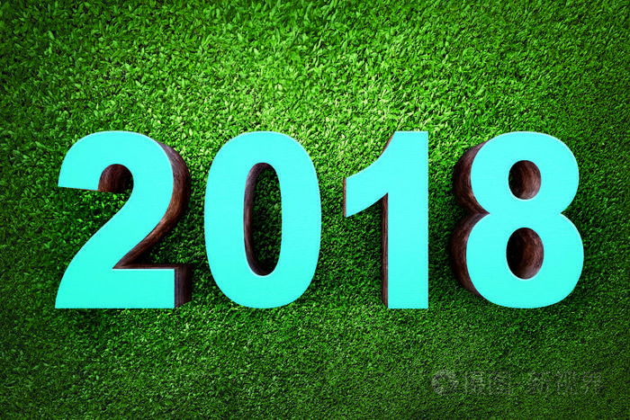 蓝色数字2018从木头在草背景2018新年快乐