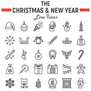 圣诞线图标集, 新年符号收集, 矢量草图, 标志插图, 假日标志线性象形图包在白色背景上隔离, eps 10