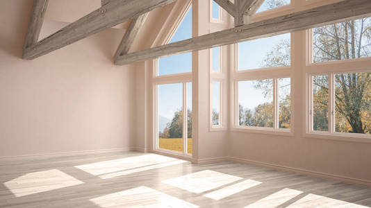 在豪华生态房, 实木复合地板和木屋架, 在秋季草地全景窗口, 现代白色建筑室内设计空房间