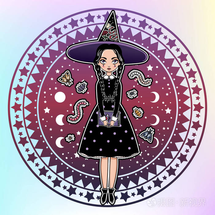 《快乐万圣节贺卡》中哥特式黑女巫的矢量插画设计