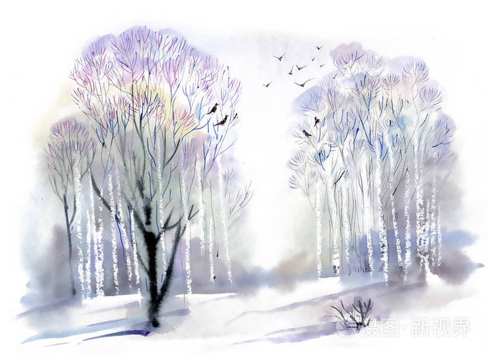 水彩冬天森林风景手绘插图
