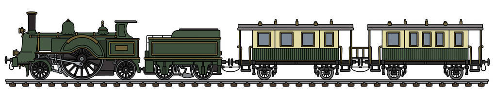 手绘的老式绿色蒸汽旅客列车
