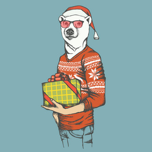 北极熊在圣诞老人帽子与礼物