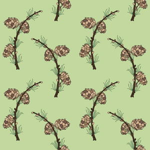 绿色 backgroun 的树枝和落叶松球果的无缝花纹