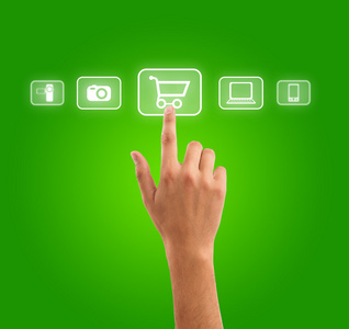 手按购物车符号从媒体图标绿色bac。