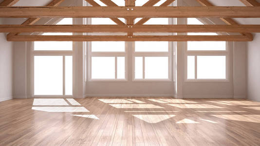 在奢华的生态住宅, 实木复合地板和木屋架, 全景大窗户, 现代白色建筑室内设计空房间
