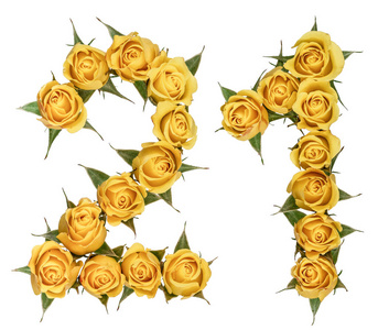 二十一阿拉伯数字 21, 二十一, 从玫瑰黄色的花, 孤立照片