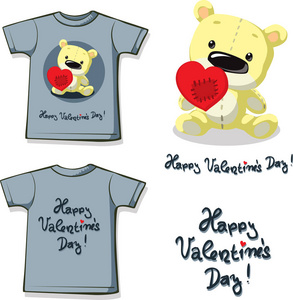 滑稽的情人节衬衫打印与泰迪熊持有修补心平面设计矢量