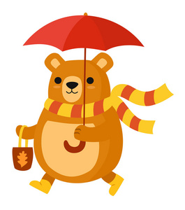 带有雨伞的程式化熊。矢量秋季插图