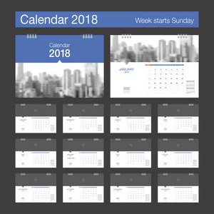 2018 日历。与地方 f 桌子日历现代设计模板