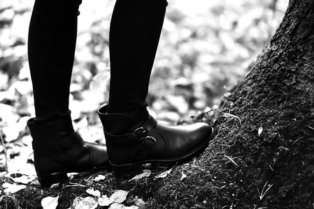 在公园里散步的靴子。秋天的森林很美丽。黄色