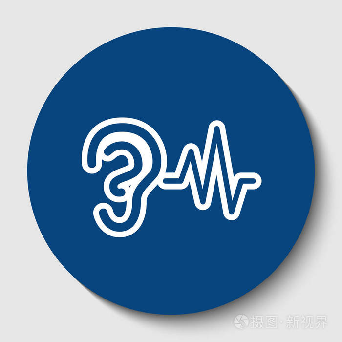 耳听声音信号矢量白色轮廓图标在黑暗的蔚蓝圆圈在白色背景孤立