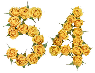 阿拉伯数字 54, 五十四, 从玫瑰黄色的花, 孤立照片