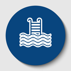 蔚蓝徽章游泳池标志.矢量.白色轮廓图标在黑暗的蔚蓝圆圈在白色背景.