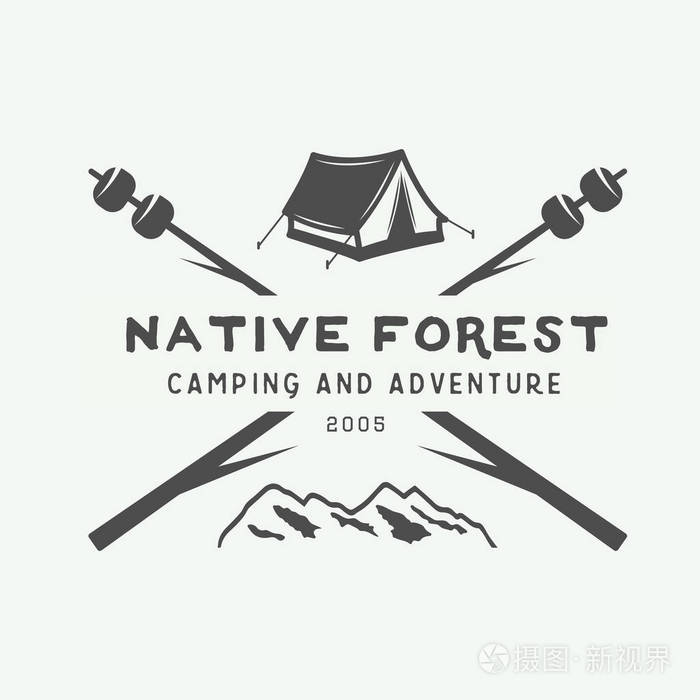 老式的野营户外和冒险标志, 徽章, 标签