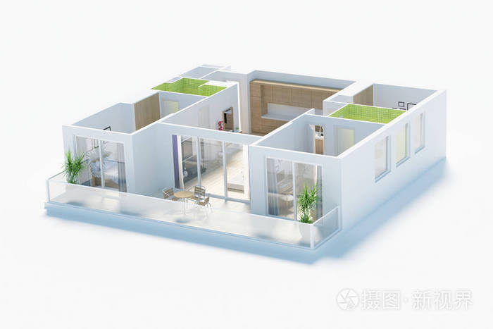 房屋顶部平面图3d 插图.开放式概念生活公寓布局