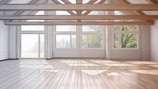 奢华生态住宅实木复合地板木屋架全景窗现代白色建筑室内设计的空室工程未完成