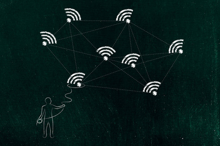 男子用套索抓取一个 wifi 图标从连接的网络