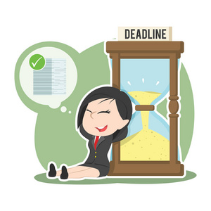 完成工作后在沙漏旁放松的亚洲女商人插画