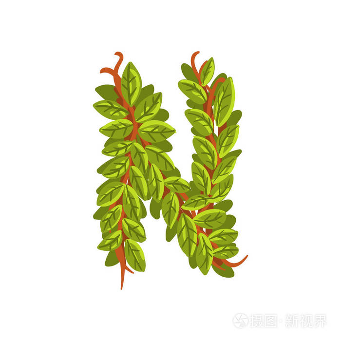字母n由树枝组成的英文字母表横幅的生态学元素卡片标签展示或海报