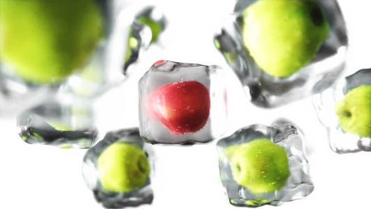 冰立方里的苹果。食物和广播概念。现实的冰材料。3d 渲染