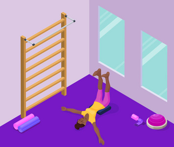 瑜伽工作室内部与非洲妇女做体育健身运动, 等距3d 向量插图与运动训练, 放松和冥想