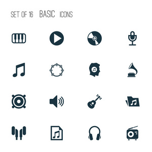 音乐图标设置与耳机, 调谐器, 消声和其他八度元素。孤立矢量插图音乐图标