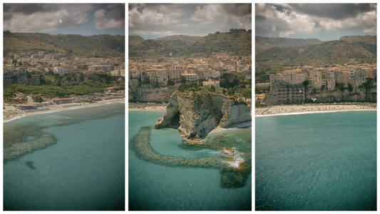 Tropea 海岸和海滩全景鸟瞰图, 卡拉布里亚意大利