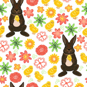 复活节快乐春天背景与兔子, 小鸡和花。节日与动物无缝模式