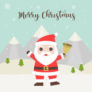 圣诞快乐手刻字标题与圣诞老人铃声在山上和降雪背景, 平面设计插图
