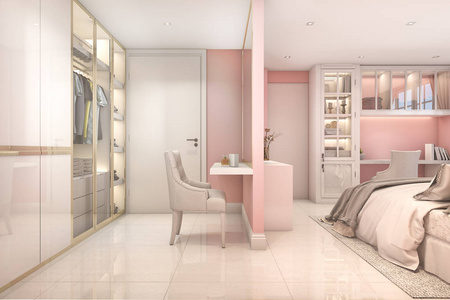 3d 渲染舒适的粉红色粉彩斯堪的纳维亚儿童卧室与衣柜