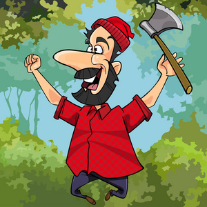 卡通樵夫用斧头在森林里快乐地跳