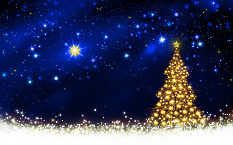 金黄圣诞节树和星天空图片