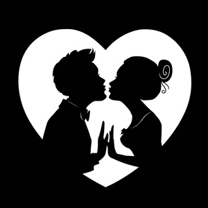 在大心脏背景下相爱的情侣剪影.男孩和女孩在接吻情人节矢量卡照片