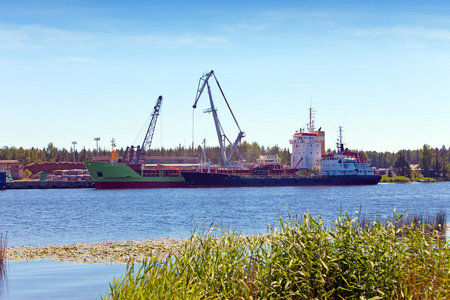 货物在卢加河上卸货。 俄罗斯
