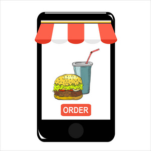 智能手机屏幕。订单快餐的概念。平面插图